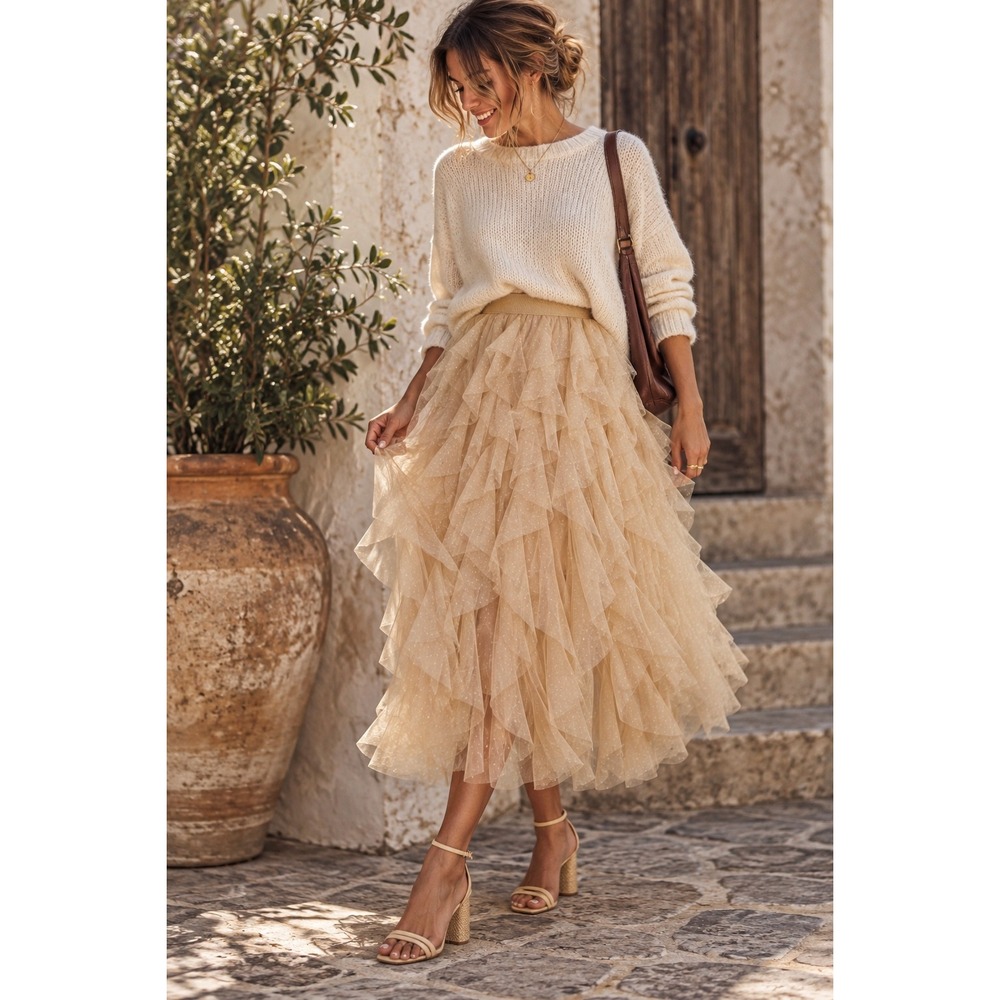 Anthropologie Cheri Ruffled Tulle Midi Skirt 1X Beige Tiered Romantic Balletcore